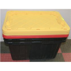 LOT OF 3 STRONG BOX 27 GALLON (102L) TOTES WITH