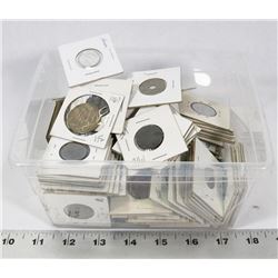 SMALL TOTE WITH 140 WORLD COINS, ALL SLEAVED,