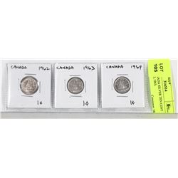 THREE CANADA SILVER TEN CENT COINS  1962, 1963,