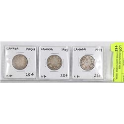 THREE CANADA SILVER TWENTY-FIVE CENT COINS  1902H,