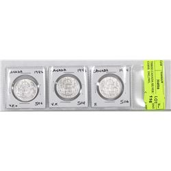 THREE CANADA SILVER FIFTY CENT COINS  1942,1943,