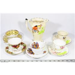 LOT OF 5 ENGLISH CUPS W/SAUCERS & CORONET