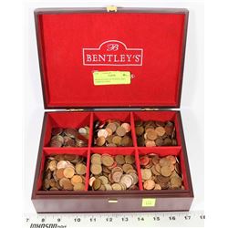 WOODEN BOX OF PENNIES AND FOREIGN COINS