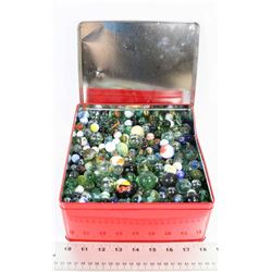 LARGE TIN CAN OF MARBLES