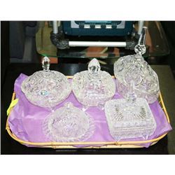 4 CRYSTAL LIDDED CANDY DISHES, 1 BUTTER DISH