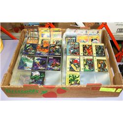 LARGE FLAT OF SHEETS OF SUPERHERO TRADING CARDS.
