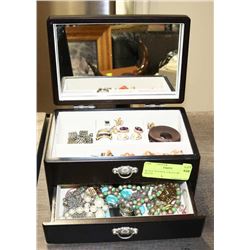 BLACK WOODEN JEWELLERY BOX FILLED