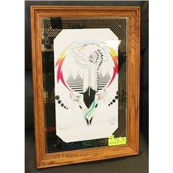 OAK FRAMED MIRROR NATIVE ART SIGNED D.B. PAWISS