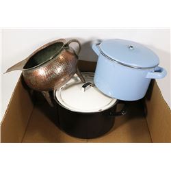 COPPER WATER PITCHER & TWO PIECES OF LIDDED