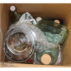 DECORATIVE GLASS BOTTLES AND COOKIE JAR.