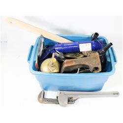 BIN OF PIPE WRENCHES, AIR PUMP & ETC.