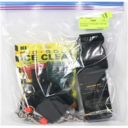 BAG W/ ICE CLEATS, BELT CLIP ONS AND MORE.