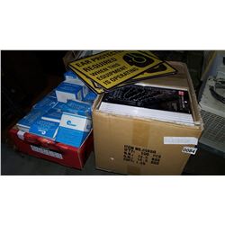 BOX OF NEW SCREW AND BOLT GAUGES, METAL WARNING SIGNS AND MOUNTED GRINDING WHEEL