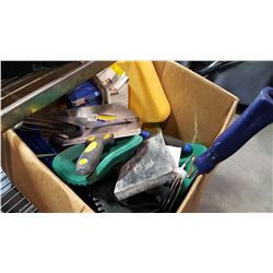 BOX OF DRYWALL TOOLS AND KNEEPADS