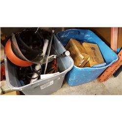 TWO TOTES OF TOOLS, SHOP SUPPLIES AND HARDWARE