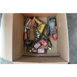 BOX OF DRILL, 2 CLAMPS, VINTAGE HAND DRILL, LOCK FLIGHT BOTTLES, AND SNAP ON WRENCH