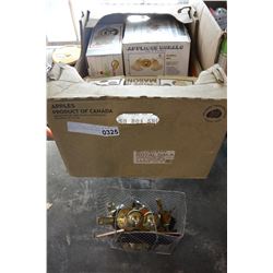 BOX OF STAINLESS STEEL DOOR KNOBS WALL SCONCES AND FAUCET IN BOX