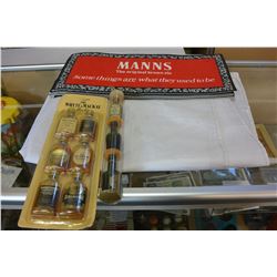 COLLECTIBLE MINI LIQUOR BOTTLES AND 6 VINTAGE MANNS BAR MATS