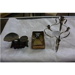 VINTAGE SCALE, SHAVER, AND CANDLE STAND