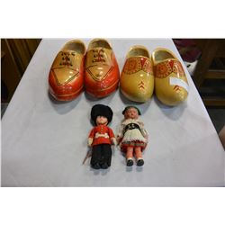 DUTCH WOODEN SHOES 2 PAIR AND DOLLS