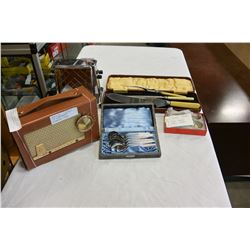 VINTAGE RADIO, TOASTER, SPOONS AND FORKS, AND CARVING SET