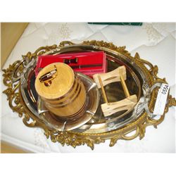 SILVER TRAY AND BOWL, MIRROR, MINI KEG, AND MORE