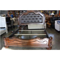 NEW ASHLEY SIGNATURE DESIGN CARVED KINGSIZE BEDFRAME WITH BROWN LEATHER INSERT, RETAIL $2999