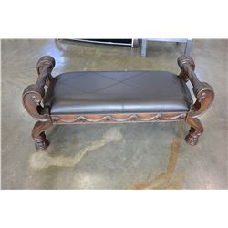 NEW ASHLEY FURNITURE CARVED BENCH WITH BROWN LEATHER SEAT, RETAIL $1198