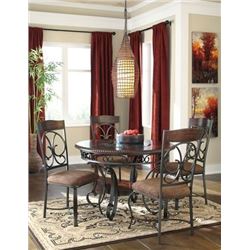 NEW ASHLEY SIGNATURE ROUND CARVED MAHOGANY DINING TABLE WITH 4 UPHOLSTERED CHAIRS, RETAIL $1036