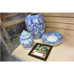 2 GINGER JARS, BOWL, AND PAINTED TILE