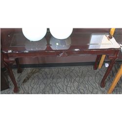 CHERRY WOOD AND GLASS SOFA TABLE