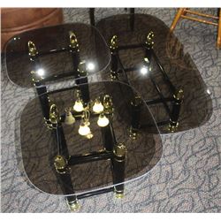 3-PIECE BLACK AND BRASS GLASS COFFEE TABLE SET