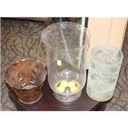 2 GLASSES VASES AND TIN VASE