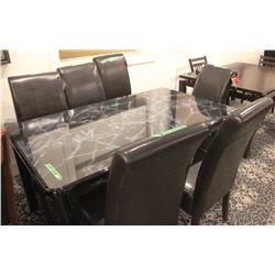 HIGH LACQUER BLACK MARBLE LOOK TABLE W/ 6 CHAIRS