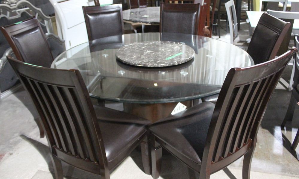 ROUND GLASS TABLE WITH 6 CHAIRS & LAZY SUSAN