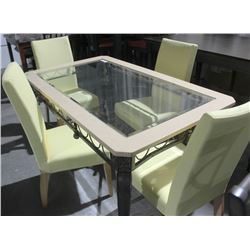 SQUARE METAL FRAMED GLASS TOP W/ 4 YELLOW CHAIRS