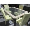 Image 1 : SQUARE METAL FRAMED GLASS TOP W/ 4 YELLOW CHAIRS