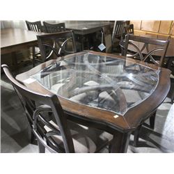 SQUARE WOODEN & GLASS TOP TABLE W/ 4 CHAIRS
