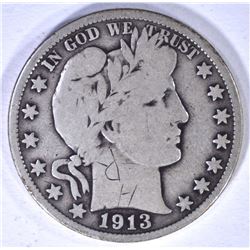 1913 BARBER HALF DOLLAR, VG scratched obv