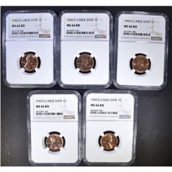 5 1960-D LG DATE LINCOLN CENTS NGC MS-66 RD