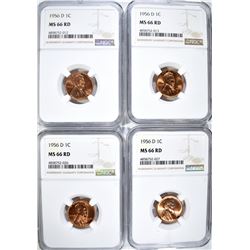 4-1956-D LINCOLN CENTS, NGC MS-66 RED
