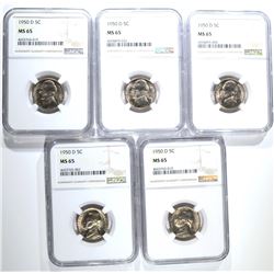 5 - 1950 D JEFFERSON NICKELS NGC MS65