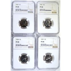 1957, 58, 61 & 63 JEFFERSON NICKELS, NGC PF-68