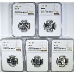 ( 5 ) 1964 WASHINGTON QTR NGC MS65
