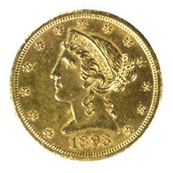 1893-CC $5.00 GOLD LIBERTY, GEM BU