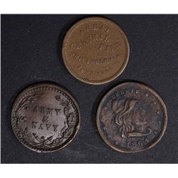 3 CIVIL WAR TOKENS; UNION ARMY/NAVY