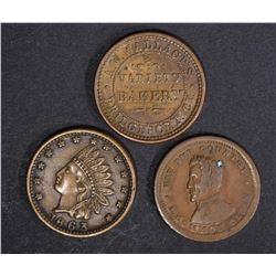 3 CIVIL WAR TOKENS; 1863 INDIAN HEAD,