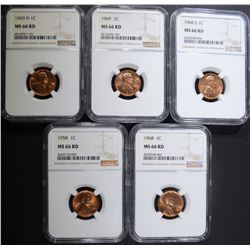 5 LINCOLN CENTS NGC MS-66 RD