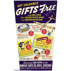 Quaker Cereal Premium Store Sign (Quaker Oats Co., 1938).