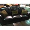 Image 1 : BROWN LEATHER & WOOD SCROLLED FRONT SOFA AND LOVESEAT SET WITH 5 THROW PILLOWS